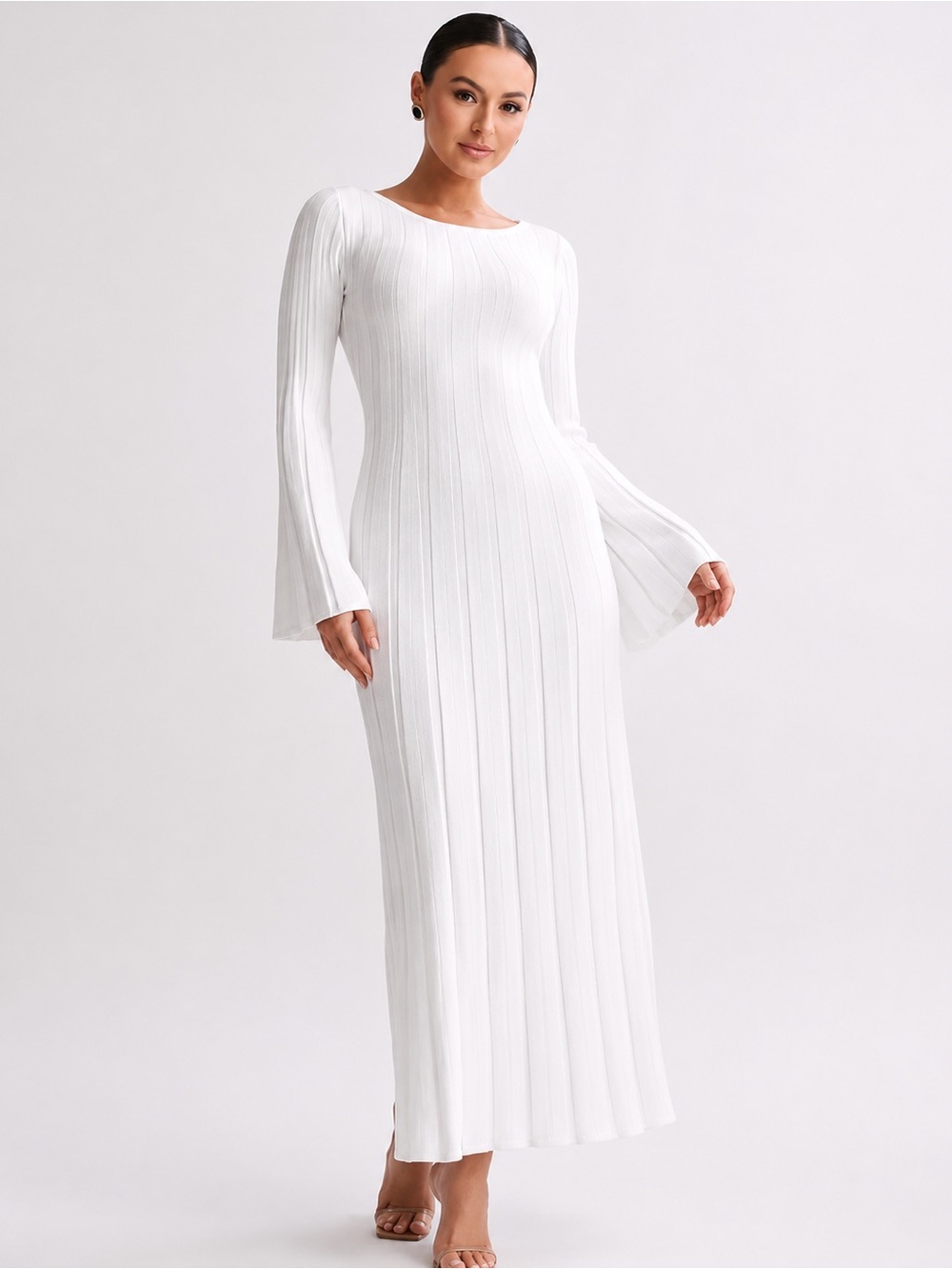 Meshki | White Juniper Ribbed Flare Sleeve Knit Midi Dress ~ New w/ Tags Large